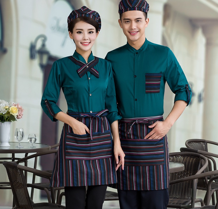 đồng phục nhân viên nhà hàng mầu xanh cho nam nữ đẹp